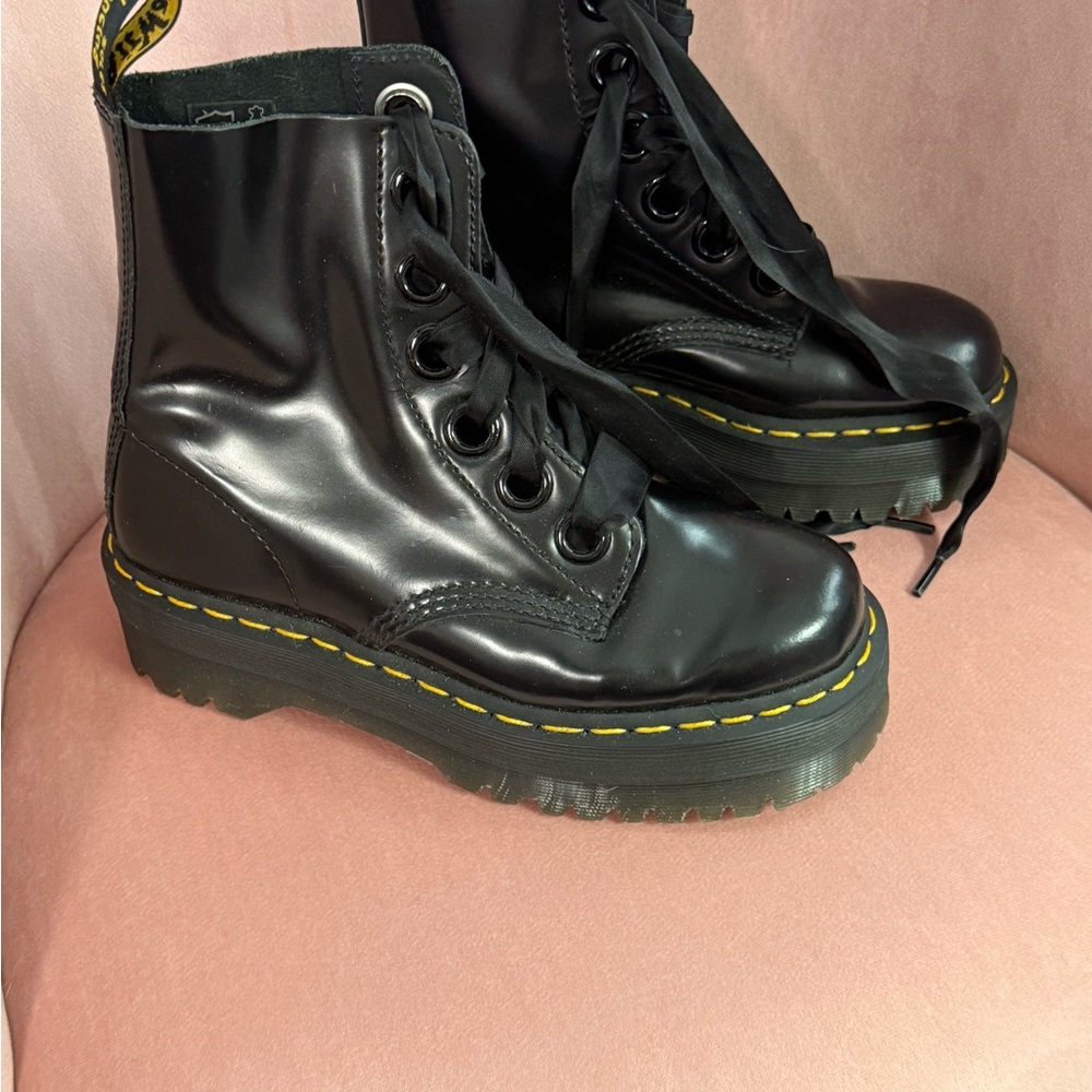 Dr. Martens Shiny Black Boots with Yellow Accents